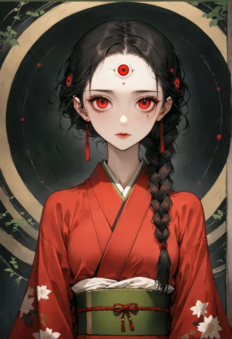 (((1 Girl，Double braid，solo，third red eye on the forehead，))),(((Gorgeous Japanese red kimono：1.6，Eye Diagram，dark pattern))).(((Thin waist，Greenbelt：1.37)))whole body