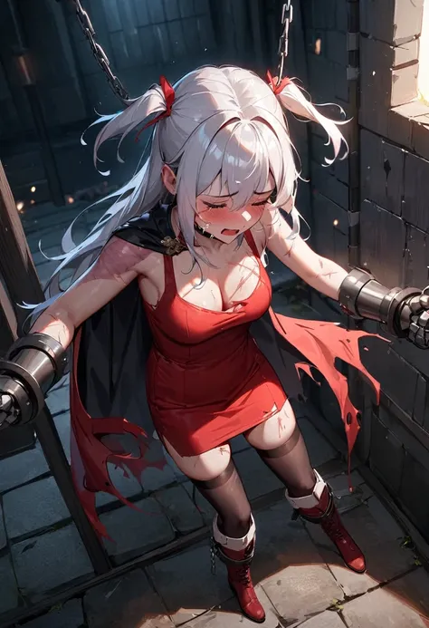 (best quality), (masterpiece), very aesthetic, absurdres, high res, all detailed, realistic, 1girl, (two side up), long hair, silver hair, (red pencil Dress, one side shoulders armor with Cape, red pencil miniskirt), medium cleavage, Gauntlet, boots, [blac...