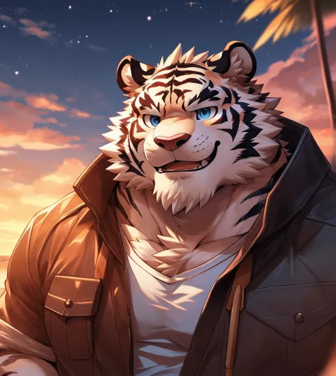 human nature, cannon, male, solitary, ((Round Face, The face is plump,Deep blue eyes,)), ((Endomorph, Handsome，Handsome)), (White shirt，wearing a jacket), ((domestic White Tiger, White Tiger), （Sky blue scales），(Across the beach), Bokeh, full-body shot，(hi...