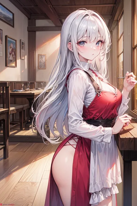 a highly detailed, photorealistic 8K image of a beautiful young woman with long, curvy, messy silver hair and ruby eyes, set in a fantasy old and small tavern, red and white peasant tunic, (dawning light), pink hue cheek, (gentle expression), waitress, awa...