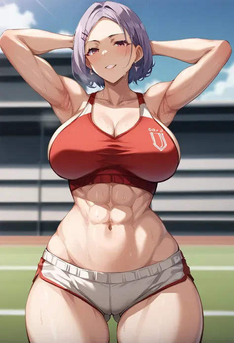 huge tit、Pretty big breasts、toned body,Red and Grey High Leg Lracing Bloomers、track and field club、Track & Field Team Uniforms、espadrilles、Hide all breasts:1.2,Crotch indirect、Gravure Pose、always lie on your back、Show the armpits、Definitely a pretty intens...