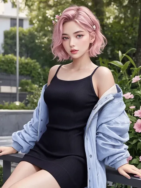 1 girl, influencer, name sophia, teen, edad16, Alone, (((HAIR SHORT))) ultra realistic, looking at the viewer, morado, bare shoulders, with a flower in her hair ((Honey eyes)), whole body, jacket black, sweater, dress, wiki, off the shoulders, park, ultra ...