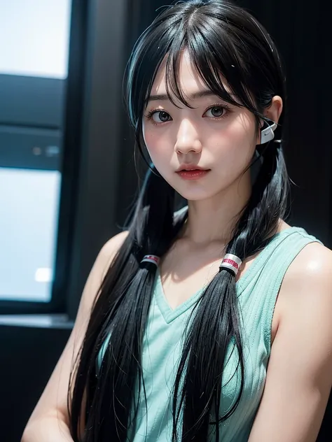 40-year-old Japanese woman、Black Hair、The hair is very short、Twin tails、Hatsune Mikus outfit、headphones、flat chest、Realistic photos、Realistic、8K quality、tall、No bangs、ストリートスナップ