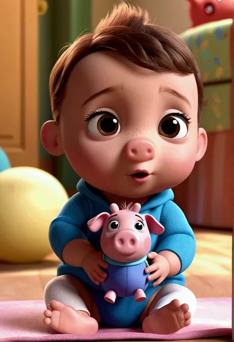 a baby, sitting , disney pixar style, 3d, animated cartoon, fly away, shiny colors, short light brown hair, fair brown-skinned, big, dark eyes with peppa in hand