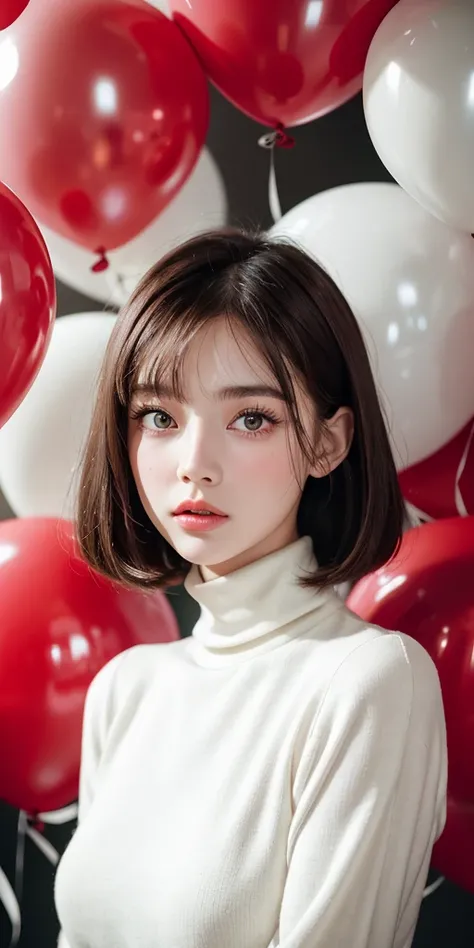 masterpiece, best quality, highly detailed background, perfect lightingbest quality,fashion portrait photo of beautiful young woman from the 60s wearing a red turtleneck standing in the middle of a ton of white balloons, taken on a hasselblad medium format...