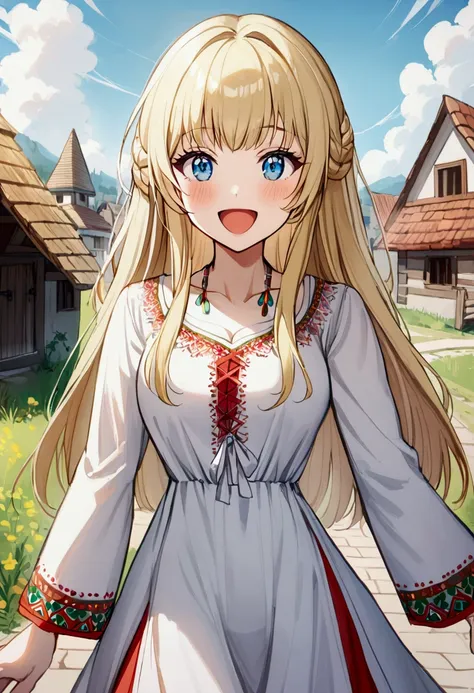 1girl with long blonde hair, blue eyes, slavic. Slavic dress, exited smiling. Village on background, коса из волос