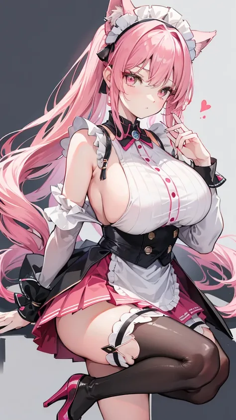 A beautiful girl full of vitality，Pink long hair tied into double ponytails，Big golden eyes are bright and sharp，A small red heart sticker on the cheek，(((super huge breasts)))，Wearing a low-cut, backless maid outfit，The skirt is also very short，The kind t...