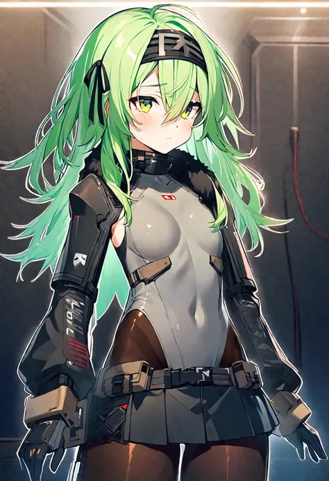 score_9, score_8_superior, score_7_superior, sauce_Anime BREAK 1 Girl, alone, Kilo, Green Eyes, Green Hair, Long Hair, hair band, Black Hair Ribbon, Fur trim, Grey leotard, black sleeves, Long sleeve, Black Skirt, pantyhose, gloves