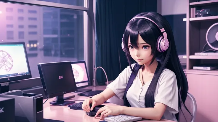 anime girl sitting at a desk with headphones on and a computer, anime style 4 k, lofi girl, anime vibes, lofi artstyle, nightcore, 4k anime wallpaper, anime art wallpaper 4 k, anime art wallpaper 4k, anime wallpaper 4k, anime wallpaper 4 k, anime style. 8k...