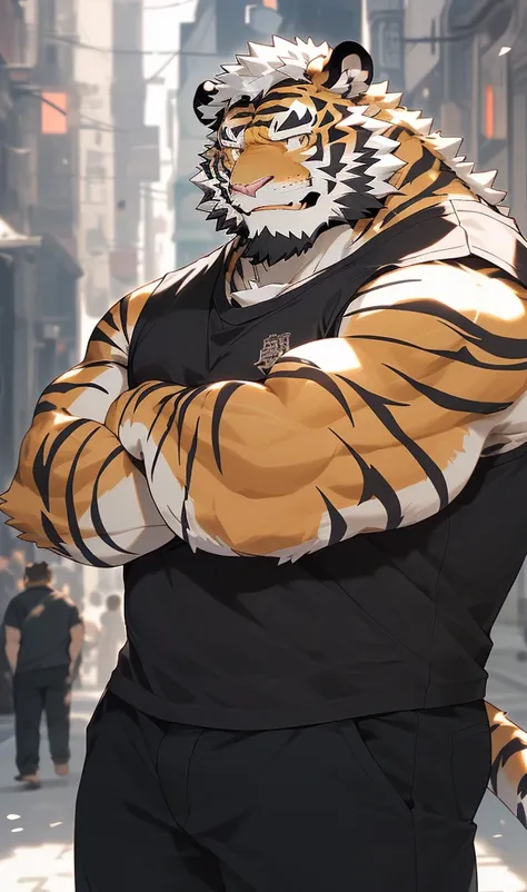 hairy，（tiger，Black short sleeve：1.3，Against the wall：1.3）beard，Golden fur，（smokes：1.3），Smile，male，Common，full-body shot，Real background，极其lifelike阴影，masterpiece，Very detailed，lifelike。