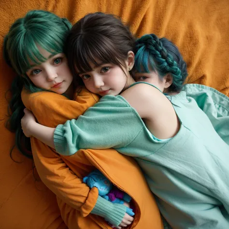 then seen from above, dolls hugging each other , pumpkin green and blue, written v2b below