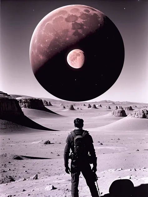 In the style of Chesley Bonestell，Depicting an adventurer wandering an alien desert under the light of a giant pink moon，The screen contains dynamic elements，like swirling dust、Distant alien plants and strange objects in the sky，Use wide-angle perspective ...