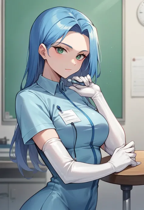 1girl, ((white elbow gloves)), ((surgical gloves)), ((latex gloves)), ((long sleeves)), ((blue surgeon outfit)), ((blue doctor outfit)), looking at viewer, standing, solo