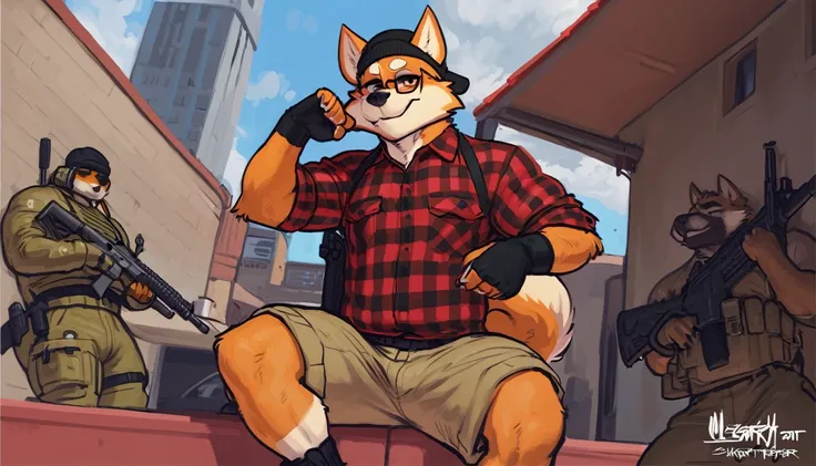 red shiba inu,wearing glasses,black beanie, red plaid pattern long sleeved shirt, armor,tactical headphones, tactical clothing, badass pose, cargo shorts, PMC clothes, tactical clothing, black fingerless gloves, black boots, detailed background, holding gu...