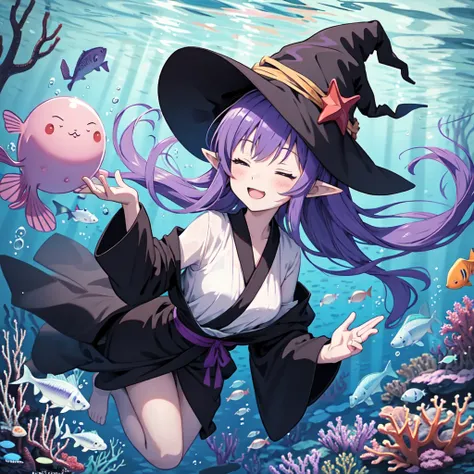 Anime girl. Long purple hair and black robe. Pointy ears. Witch hat. Cute cartoon. Illustration, one. Full body. High school student. Floating in water. Deep underwater. Underwater. Eyes closed.