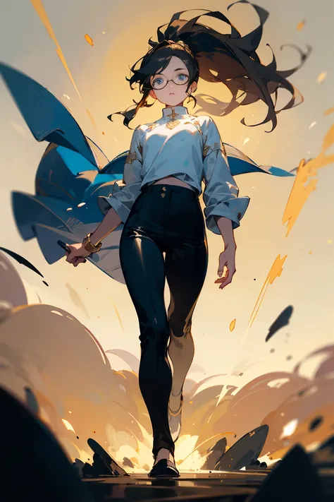 ((melhor qualidade)), ((obra de arte)), (detalhado), Male, dark hair, long hair, ponytail, Blue eyes, glowing eyes, wearing glasses, tight pants, Black pants, white blouse, Golden accesories, Wind, Wind element