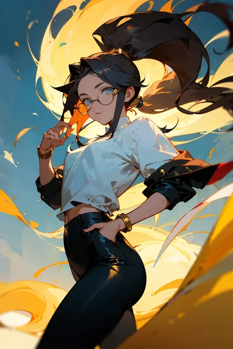 ((melhor qualidade)), ((obra de arte)), (detalhado), Male, dark hair, long hair, ponytail, Blue eyes, glowing eyes, wearing glasses, tight pants, Black pants, white blouse, Golden accesories, Wind, Wind element