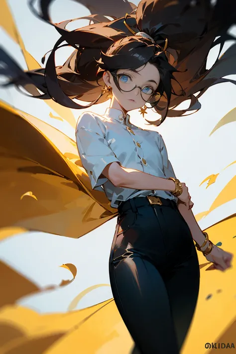 ((melhor qualidade)), ((obra de arte)), (detalhado), Male, dark hair, long hair, ponytail, Blue eyes, glowing eyes, wearing glasses, tight pants, Black pants, white blouse, Golden accesories, Wind, Wind element