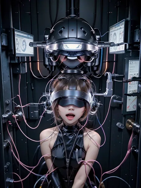 1 girl, whole body, a large metal helmet on the head hiding the hair and hiding the eyes, tubes, wires, she gets electrocuted, b...