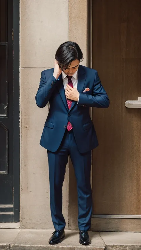 Apologizing man, one person, bowing his head, suit, front view 