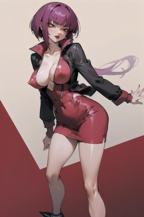 ((Highest quality)), ((masterpiece)), (Familiar), Hazy, Female,Mature Woman,Purple Hair, short hair, Low Ponytail, eye shadow, lipstick, Red eyes,Red suit shirt,Large Breasts,Erect nipples,I can see her cleavage,Red and black jacket, White tight skirt,Red ...