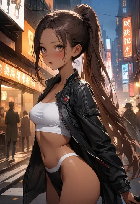 ((masterpiece,Highest quality:1.3,best quality illustration)),(realistic),cowboy shot,独奏,1woman,25 year old beauty,brown hair,ponytail hair,long hair,bangs,brown eyes,(gorgeous big eyes),((very small head:1.3)),((very long body:1.2,skinny)),((tan skin:1.4)...