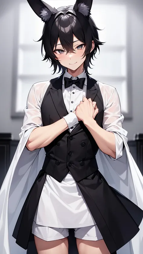 Black rabbit ears,Butler,male,Peeking into this,A white cloth is draped over his left arm.,Are standing,Butlerの格好をしたmale,High resolution, Ultra high definition, High-resolution model, Black Hair, Animal ears, Hairy ears,Bedroom smile, Black clothes,male性