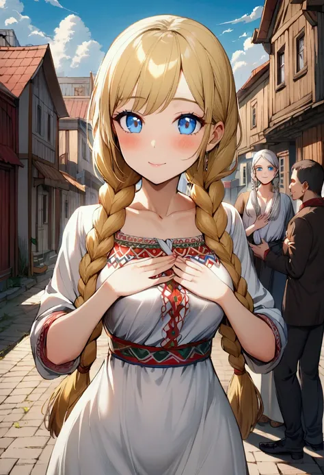 1 girl with long blonde hair, hair braided into two braids, Blue eyes, delight on the face, medium breasts, Slavic dress, holds his hands to his chest, Slavic village in the background