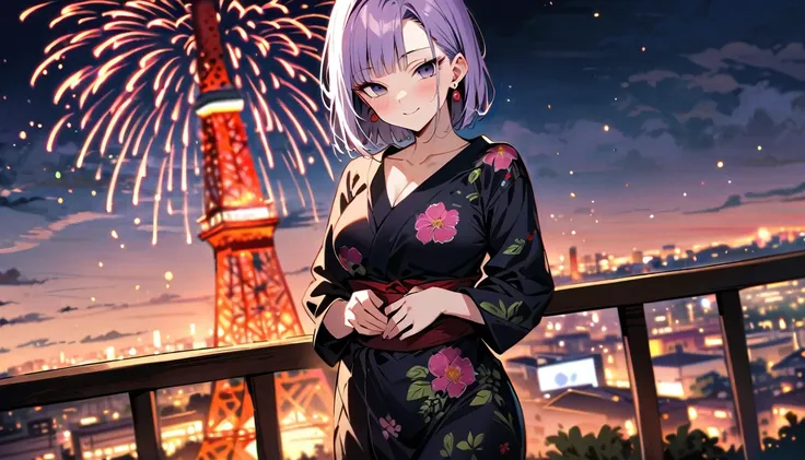 (masterpiece, best quality:1.2),1girl, (solo), Android 18 from Dragon Ball, ((floral print black Kimono)), medium breasts, blunt bangs, purple short hair, (black eyes), earrings on earlobes, slim, slender feminine figure, skinny body, blush, magnificent vi...