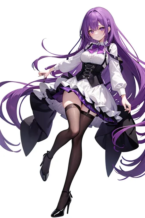 Purple Hair,long hair,Adult female,(suit),White Y-shirt,((Rolling up his sleeves)),(corset),(Black tight skirt),(High heels),Heels are visible,((Simple white background)),smile,((whole body)),((full body)),