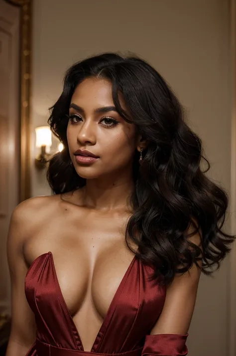 "Creates an image of a dark-skinned woman with long curly hair, posing for a fashion shoot. She has flawless makeup with well-defined eyebrows, intense black eyeliner, voluminous eyelashes, and lips shiny roses. She wears a nose piercing and a cherry earri...