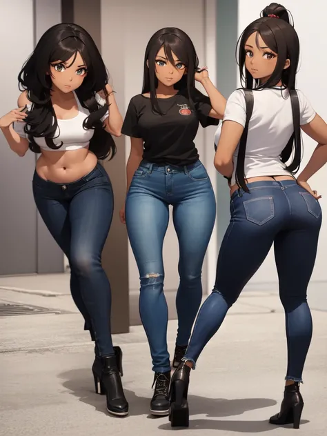 A very attractive anime latina girl, 1 girl with brown skin and black hair, wearing tight jeans, back facing camera looking over shoulder hands on hips, big butt and big tips