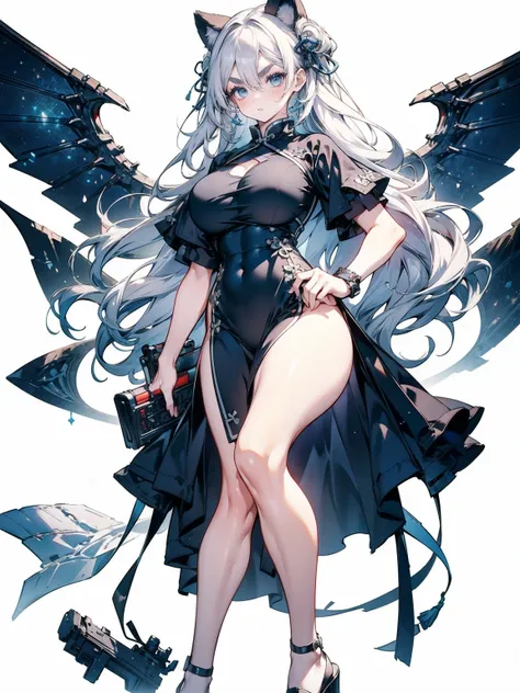  Focus on shoes, (White Hair Girl), (Thick, dark blue eyebrows:1.4), (Dark blue eyebrows:1.7), (Thick eyebrows:1.3), (Huge black fluffy animal ears:1.1), (Black animal ears:1.1), BREAK, (((China dress))),BREAK, (Big Breasts:1.2, Thick legs, Adult female bo...