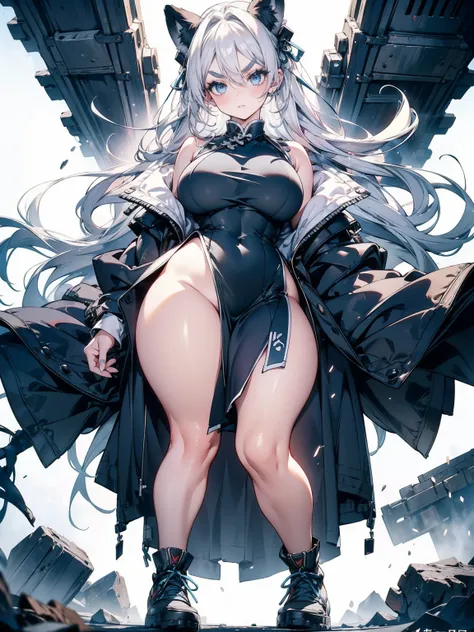  Focus on shoes, (White Hair Girl), (Thick, dark blue eyebrows:1.4), (Dark blue eyebrows:1.7), (Thick eyebrows:1.3), (Huge black fluffy animal ears:1.1), (Black animal ears:1.1), BREAK, (((China dress))),BREAK, (Big Breasts:1.2, Thick legs, Adult female bo...