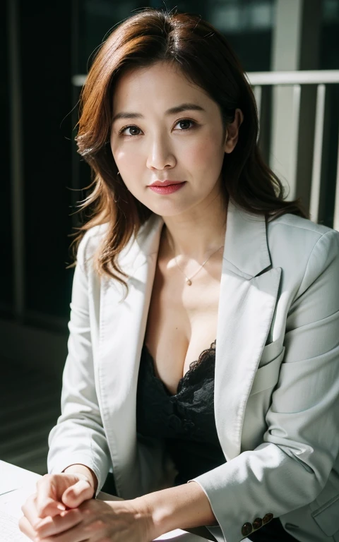 ((Best Quality, 8k, Masterpiece: 1.3)), Photorealistic, Sharp Focus, High Quality, High Definition, Portrait, Solo, Japan, Middle Aged Woman, Beauty, Clothes with Cleavage View, 43 years old, Plump, Wavy Hair, Business suit, Wrinkles at the corners of the ...