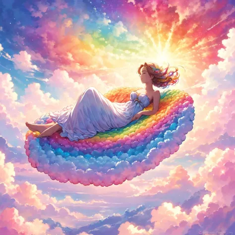 A stunningly woman, surrounded by a dazzling array of rainbow hues and stardust, reclines gracefully amidst the fluffy clouds in the sky. Bathed in dynamic and enchanting lighting, accentuates her vibrant, full-bodied form. Fantasy art. Masterpiece 