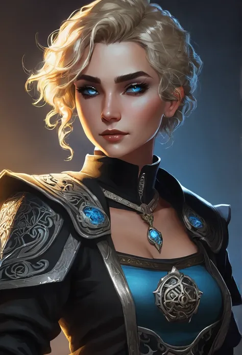 Necromancer Ranger Female, short curly hair blonde with highlights, medieval times, blue-grey eyes ,dark background. black colored clothes 