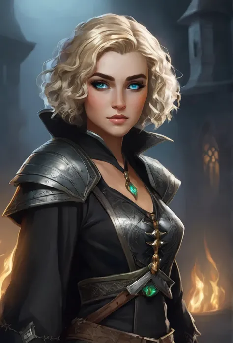 Necromancer Ranger Female, short curly hair blonde with highlights, medieval times, blue-grey eyes ,dark background. black colored clothes 