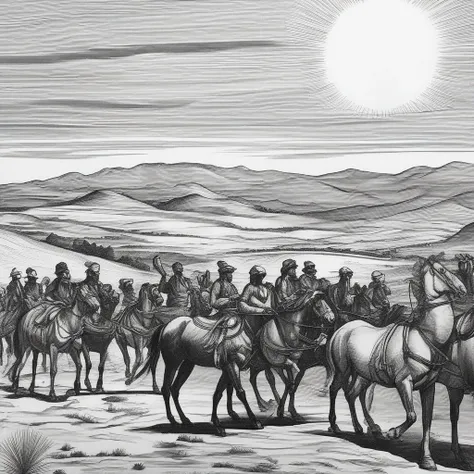 2d, greyscale, inking, woodcut, work of art, a caravan of horses and dromedaries following in line in the desert. rolling hills, Nuvens ao longe, scorching sun not high  