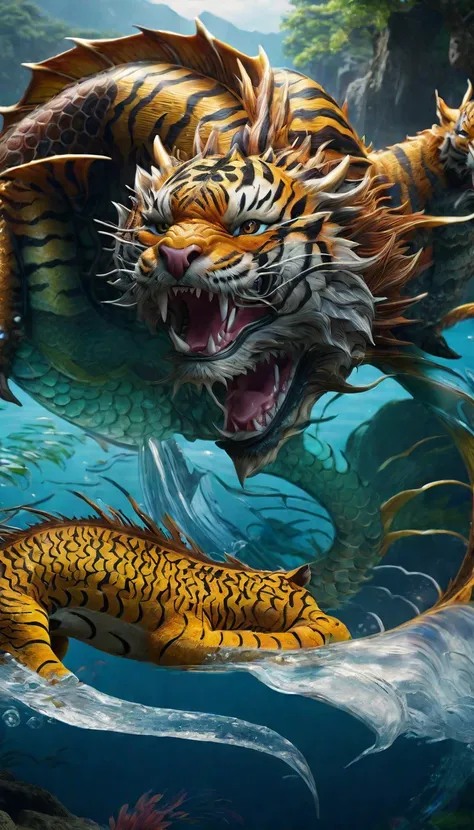 Panorama，Dragon and tiger combination creature in water(best quality，4K，8k，High level，masterpiece：1.2），Ultra Detailed，（lifelike，Photo real，Photo real：1.37），Highly detailed animals，Complex patterns，Realistic lighting，Fantasy Creatures