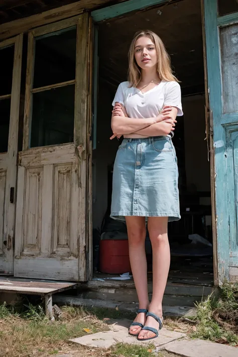 Realistic photo of cute teenagers alone ,Standing in front of an abandoned house ,giorno