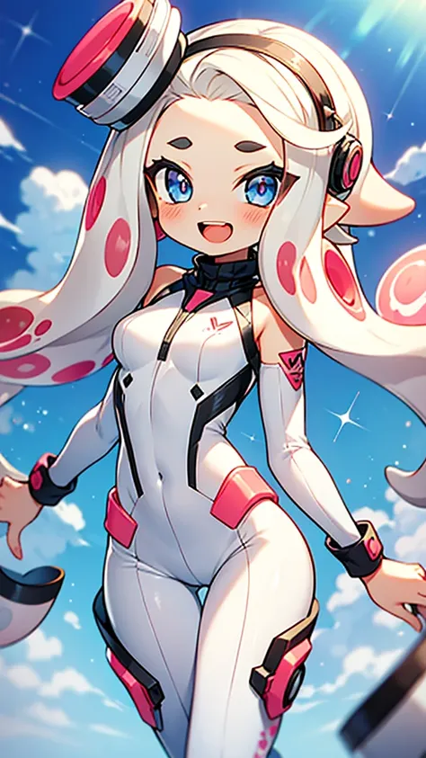 splatoon style,cute girl,white long Hair,shiny delta forehead,Bangs parted in middle of forehead,blue eyes,white battle suit,baby face,Macaron-shaped headgear,open mouth smile,thigh gap,