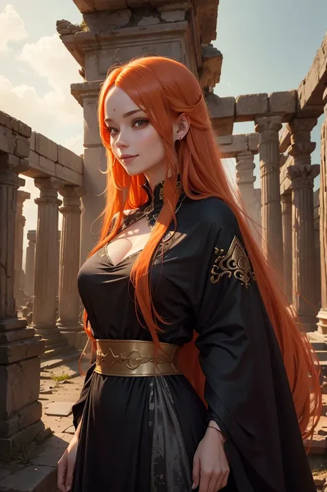 a woman with long orange hair, a dress with beautiful neckline, a mysterious smile. The setting is an ancient temple in ruins, the sky black, with subtle glowing mana in the surroundings
