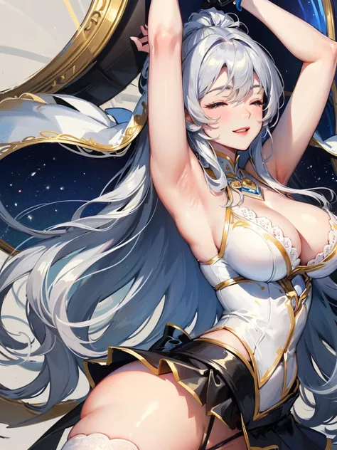 ((best quality)), ((masterpiece)), (detailed), female, married woman, Fleshy body, very large breasts, big ass,smiley face, Silver hair, closed eyes,armpit