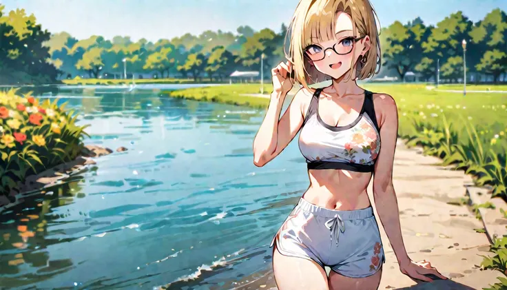 (masterpiece, best quality:1.2),1girl, (solo), Android 18 from Dragon Ball, ((floral print white sport bra, light gray dolphin shorts)), medium breasts, blunt bangs, blonde short hair, black eyes, earrings on earlobes, slim, slender feminine figure, skinny...