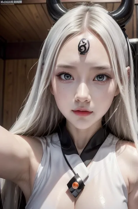 Kaguya from naruto anime, realistic, age 25, pure white skin, black horns, white pupils, third eye on forehead, white long hair, perfect face, perfect size body, perfect large breasts, white and black outfit, posing to viewer, 8k , ultra realistic.