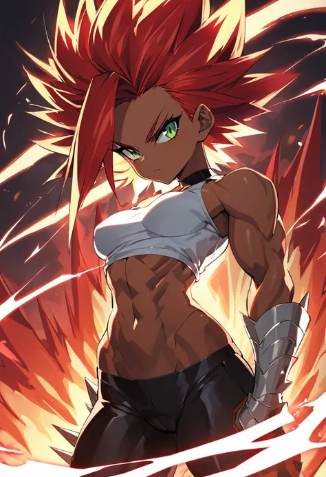 a girl, Saiyan, super saiyan, strong spiky red hair, green eyes, defined muscles, thin waist, wide hips, dark skin, medium breasts, tight clothes, white t-shirt, black pants, hot red aura around her, heat emanating
