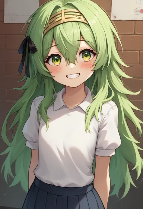 score_9, score_8_superior, score_7_superior, sauce_Anime BREAK 1 Girl, alone, Kilo, Green Eyes, Green Hair, Long Hair, hair band, Black Hair Ribbon, skirt, White shirt, Are standing, blush, smile, teeth, Put your arms behind your back, Lean back,