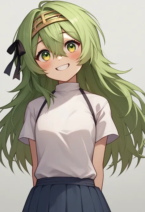 score_9, score_8_superior, score_7_superior, sauce_Anime BREAK 1 Girl, alone, Kilo, Green Eyes, Green Hair, Long Hair, hair band, Black Hair Ribbon, skirt, White shirt, Are standing, blush, smile, teeth, Put your arms behind your back, Lean back,