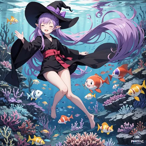 a beautiful anime girl with long purple hair, wearing a black robe, pointy ears, and a witch hat, a cute cartoon illustration, full body, high school student, floating in deep underwater, eyes closed